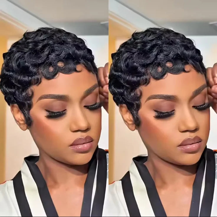# Effortlessly Chic: Natural Black Curly Pixie Cut Wig with Bangs