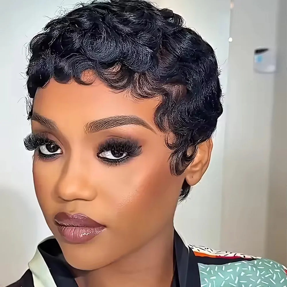# Effortlessly Chic: Natural Black Curly Pixie Cut Wig with Bangs