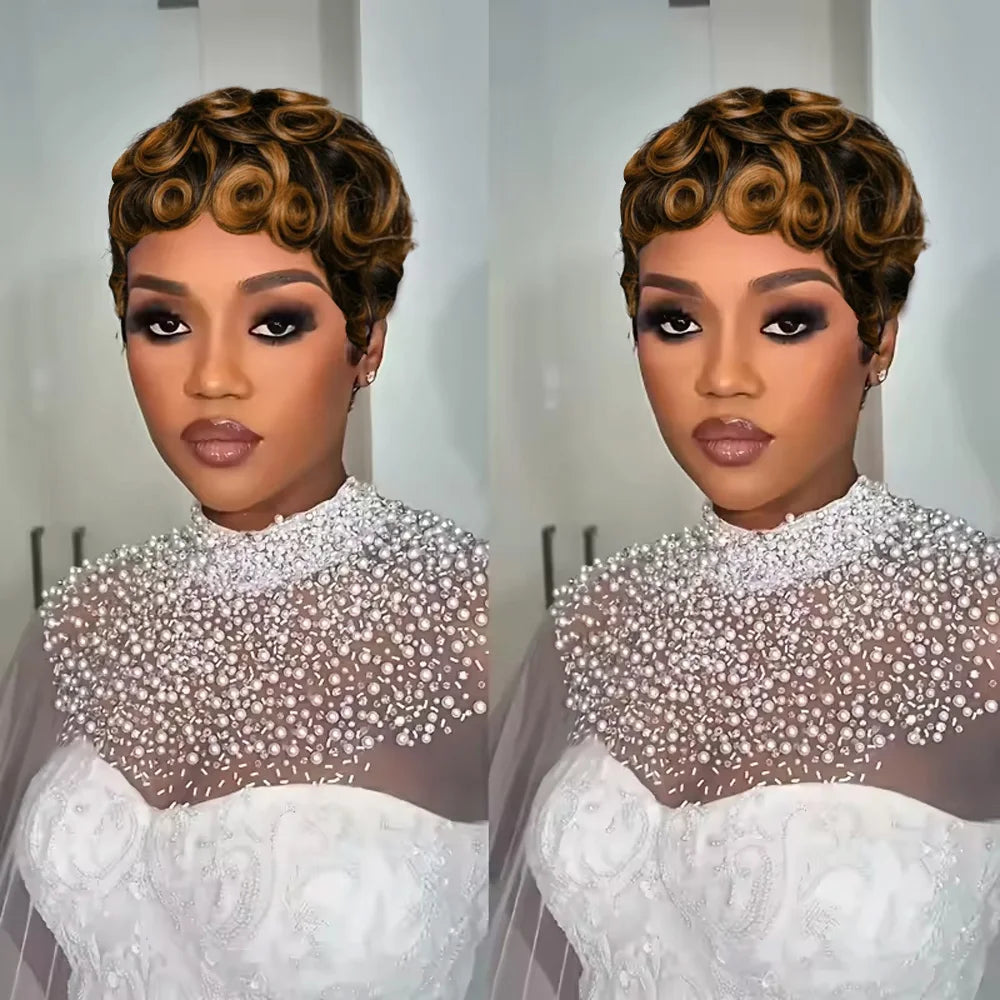 # Effortlessly Chic: Natural Black Curly Pixie Cut Wig with Bangs