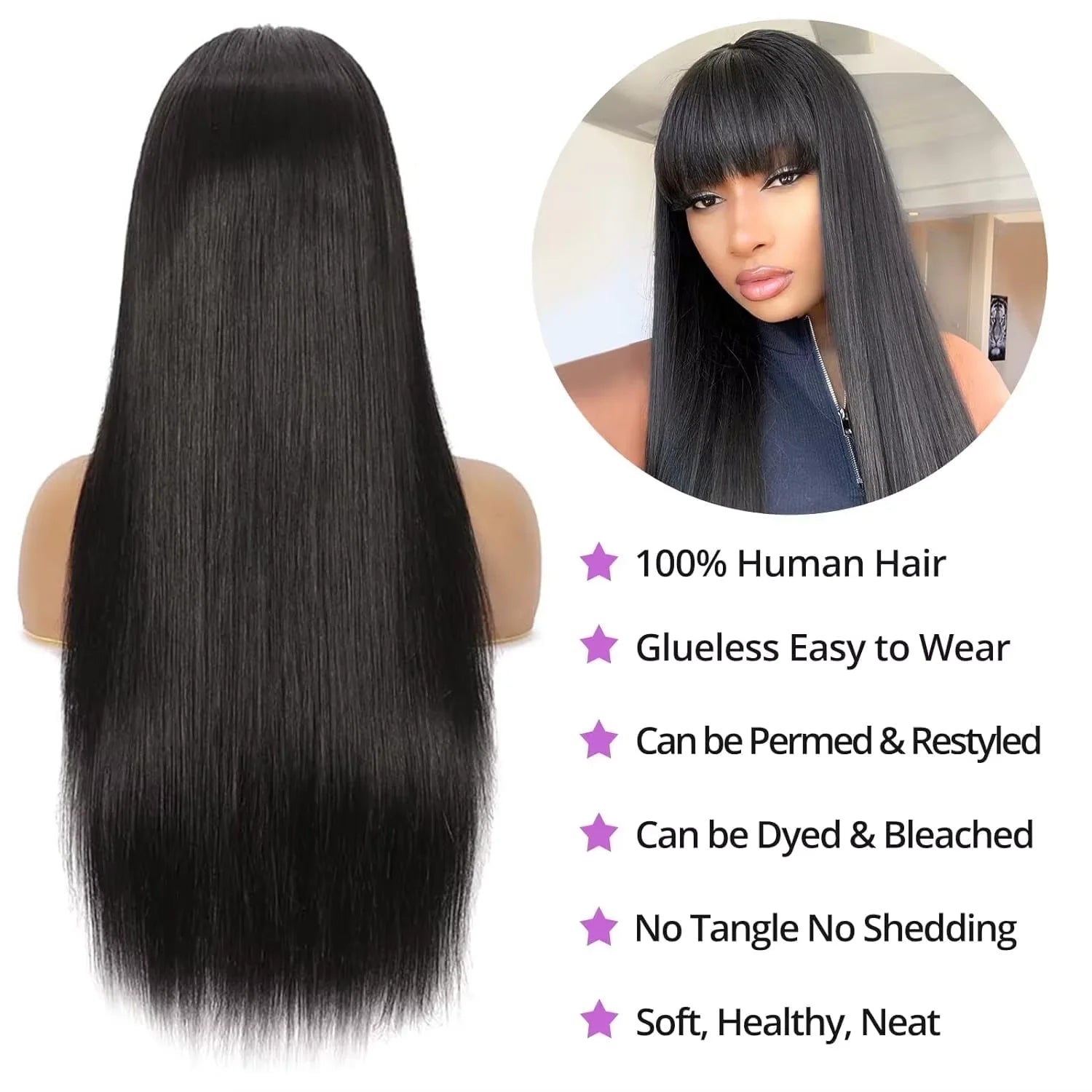# Elegant 34-Inch Brazilian Bone Straight Wig with Bangs