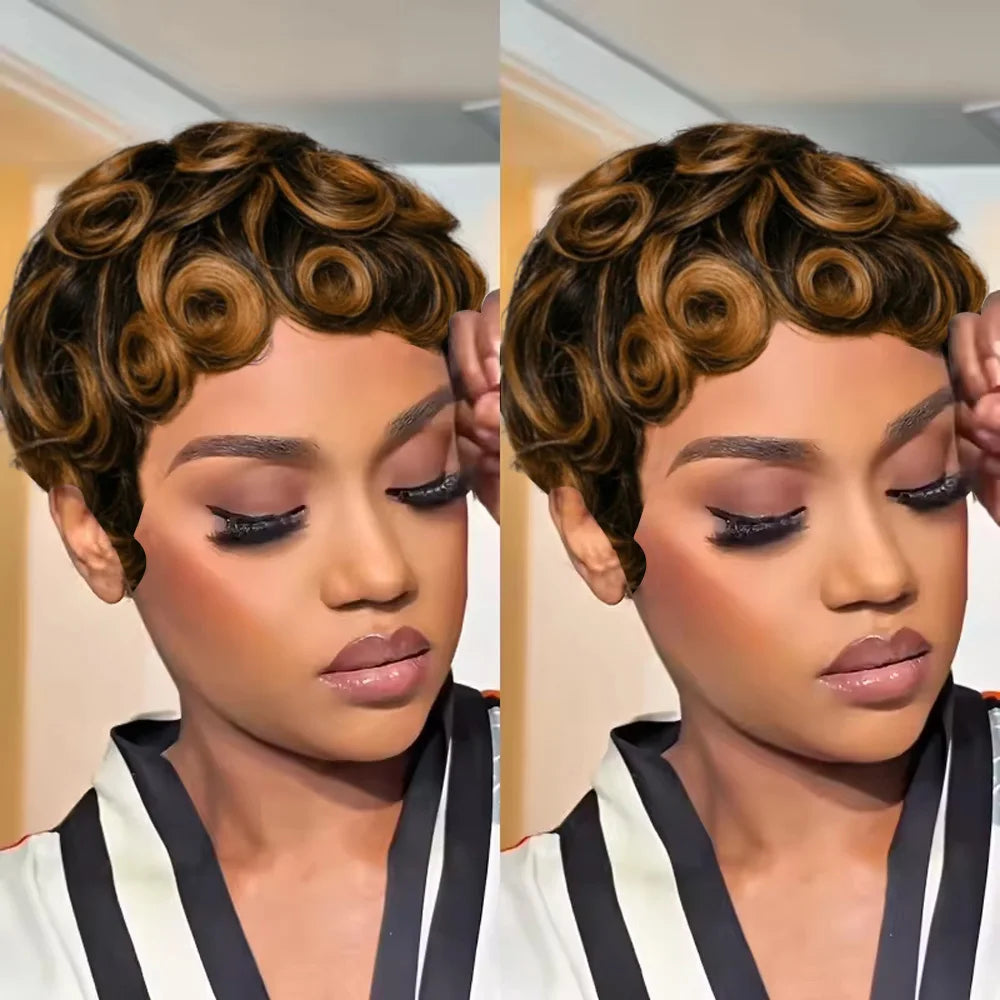 # Effortlessly Chic: Natural Black Curly Pixie Cut Wig with Bangs