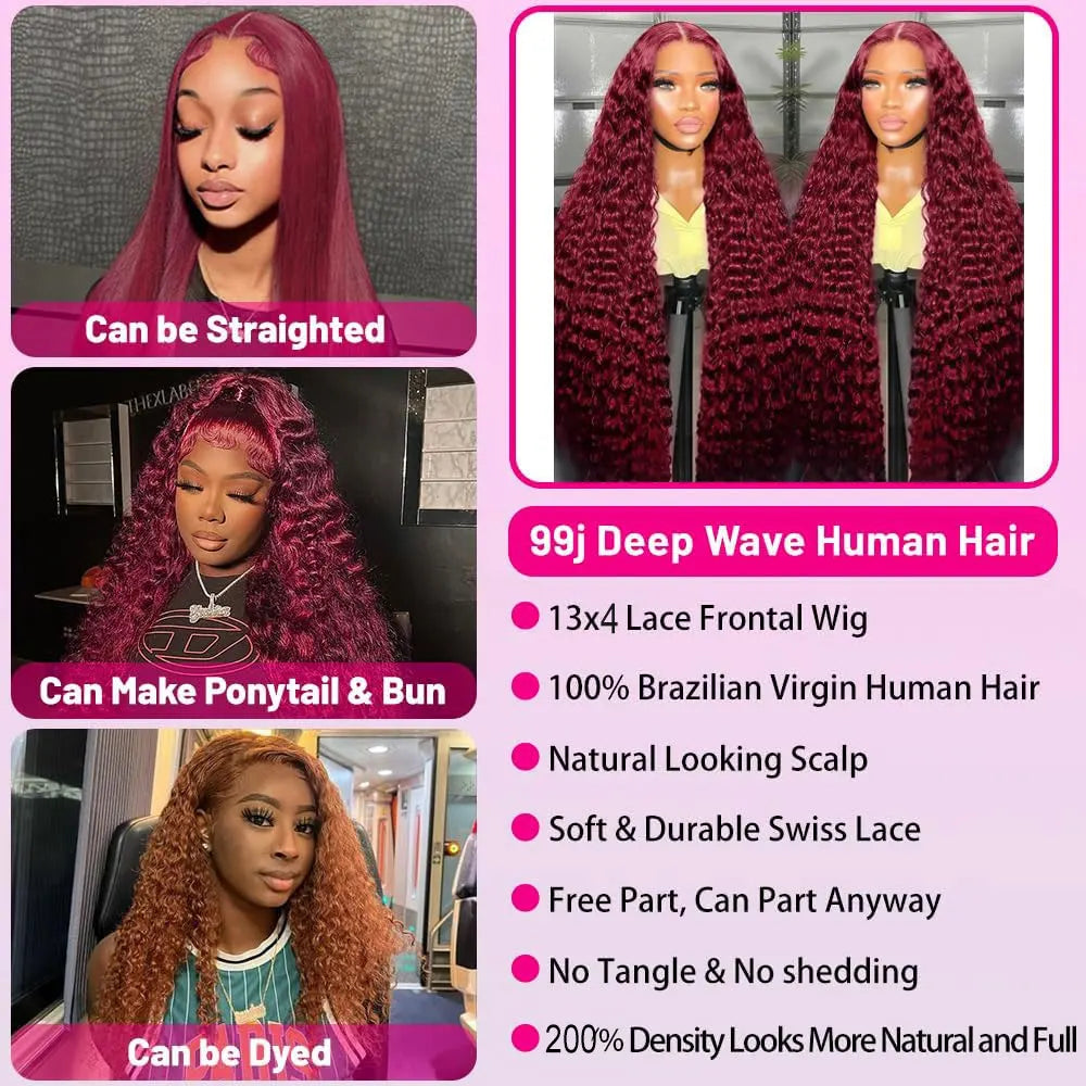 # Burgundy Deep Wave Frontal Wig: 99j, HD Lace, 30-Inch