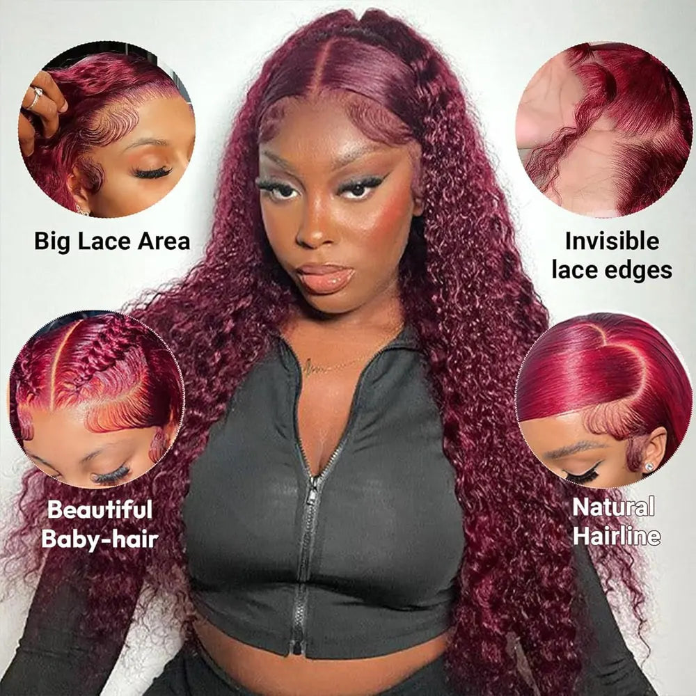 # Burgundy Deep Wave Frontal Wig: 99j, HD Lace, 30-Inch