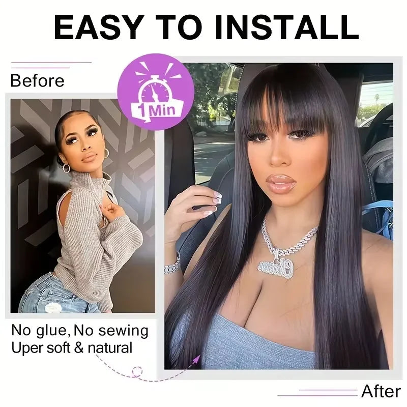 # Elegant 34-Inch Brazilian Bone Straight Wig with Bangs