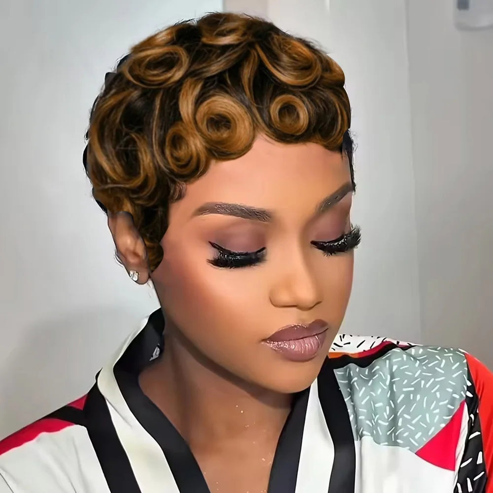 # Effortlessly Chic: Natural Black Curly Pixie Cut Wig with Bangs