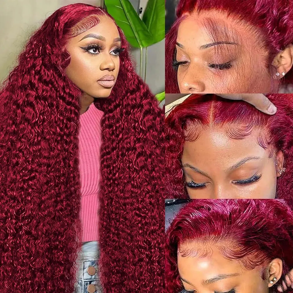 # Burgundy Deep Wave Frontal Wig: 99j, HD Lace, 30-Inch