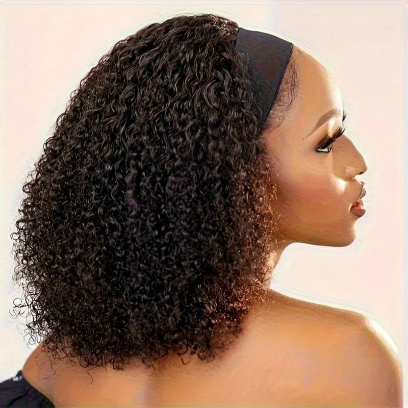 # 200% Density Kinky Curly Headband Wig: Natural Black Bob Cut