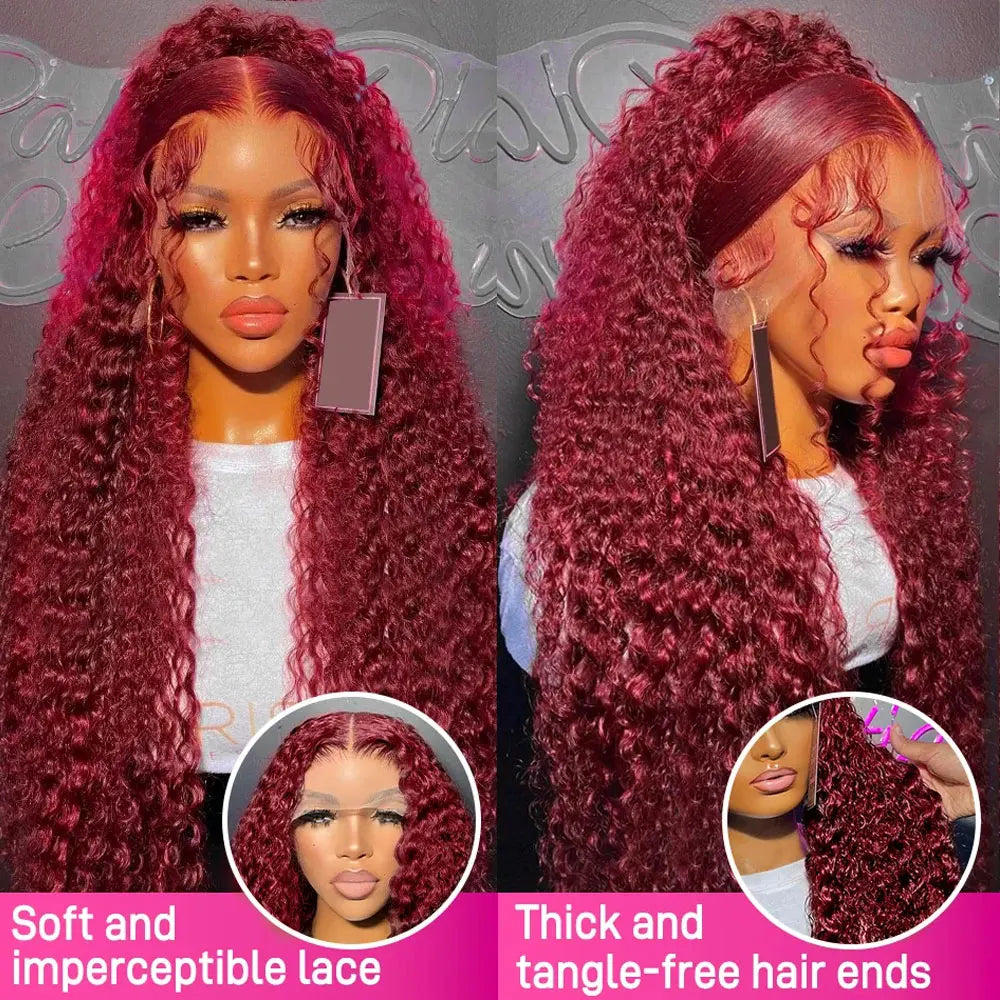 # Burgundy Deep Wave Frontal Wig: 99j, HD Lace, 30-Inch