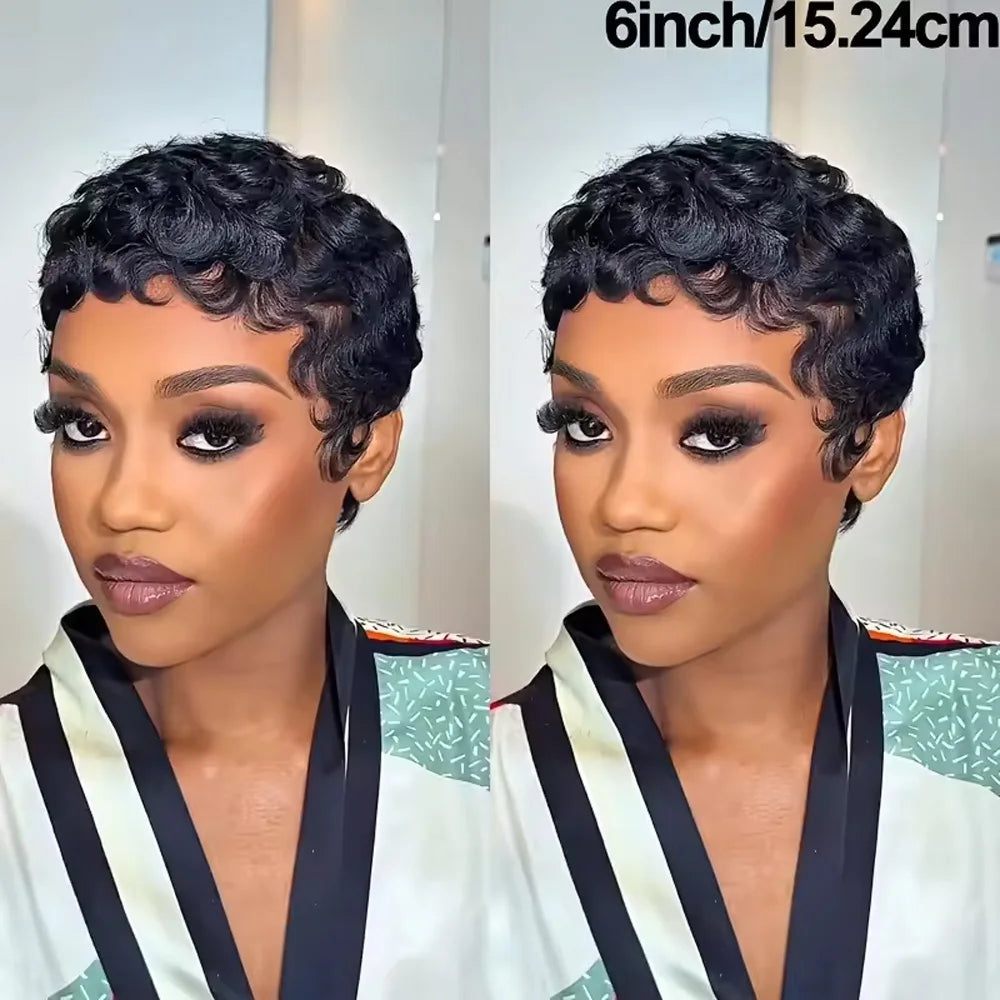 # Effortlessly Chic: Natural Black Curly Pixie Cut Wig with Bangs