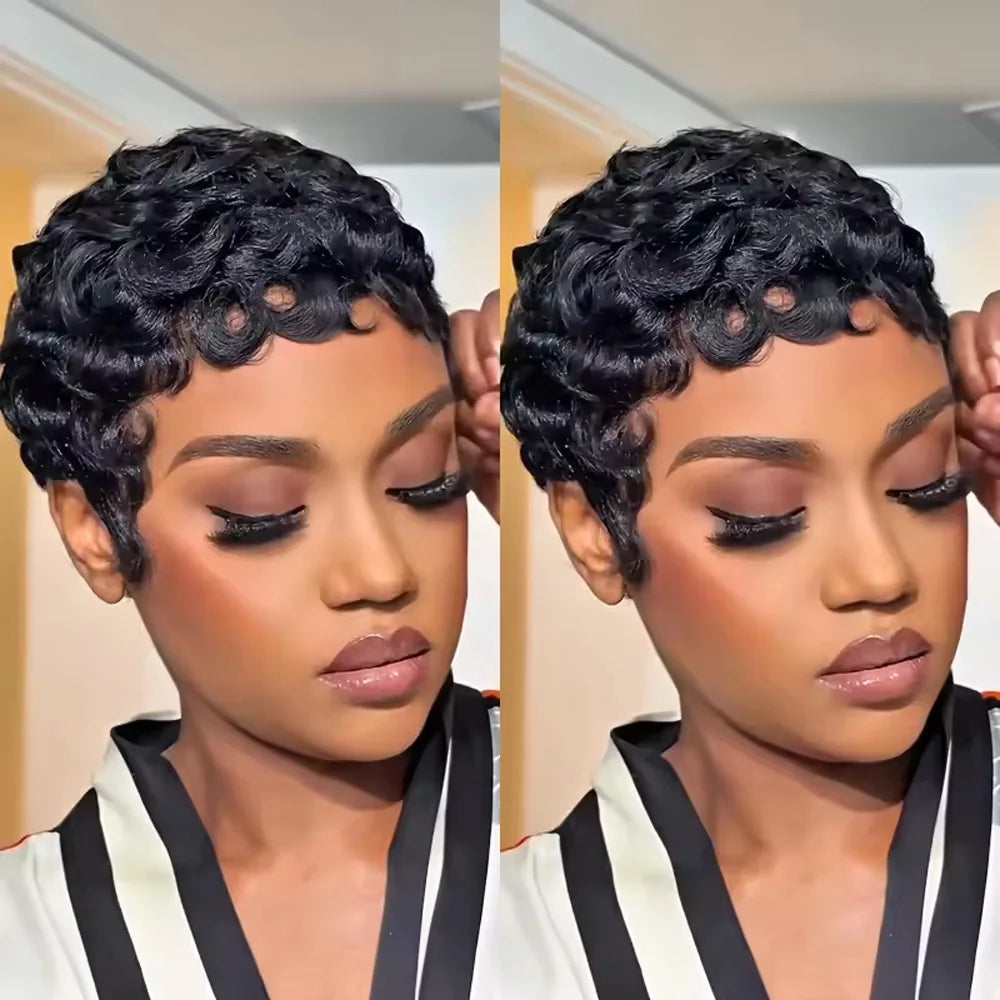 # Effortlessly Chic: Natural Black Curly Pixie Cut Wig with Bangs